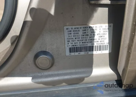 2006 Honda Accord 2.4 Vp from USA, damaged, VIN JHMCM56176C000324